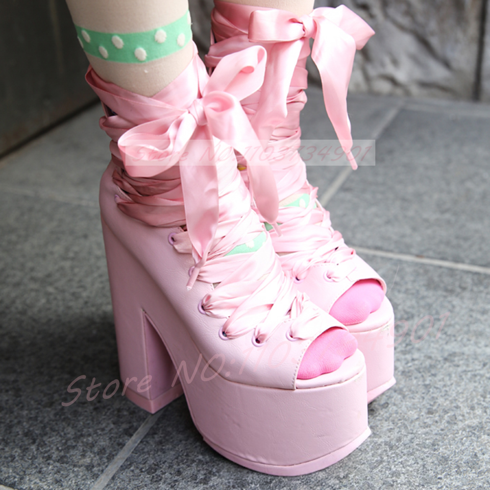 Pink Platform Peep Toe Y2K San - Ribbon Tie Heel avis et prix