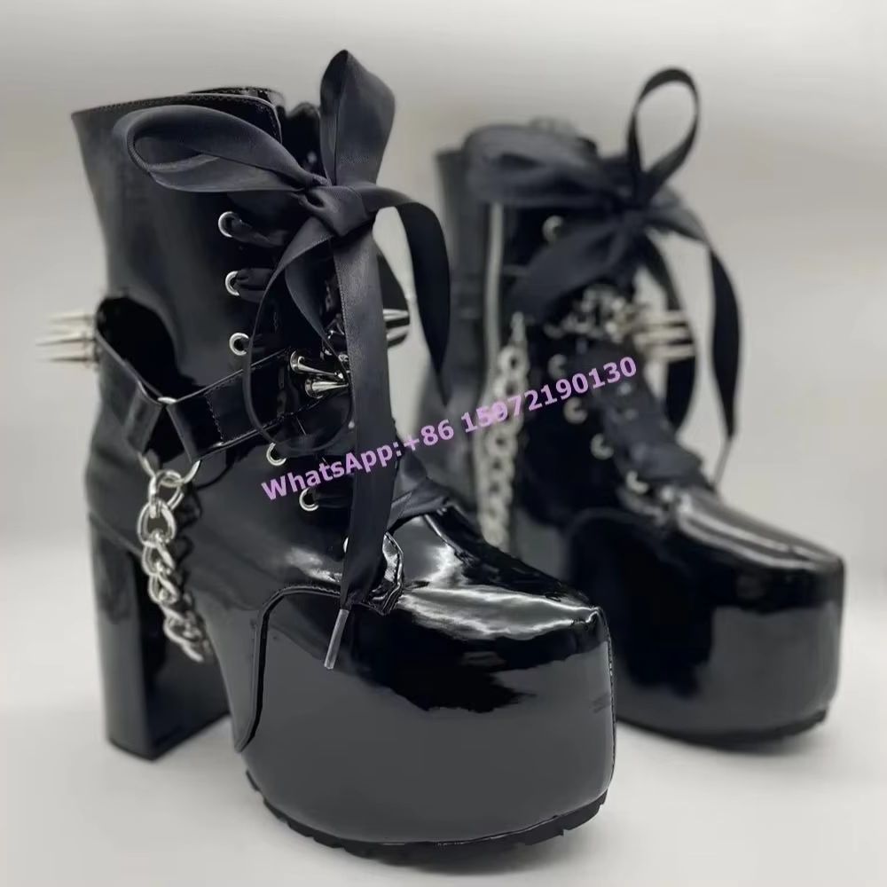 Ribbon Tied Rivet Black Boots  - Ribbon Tie Heel avis et prix