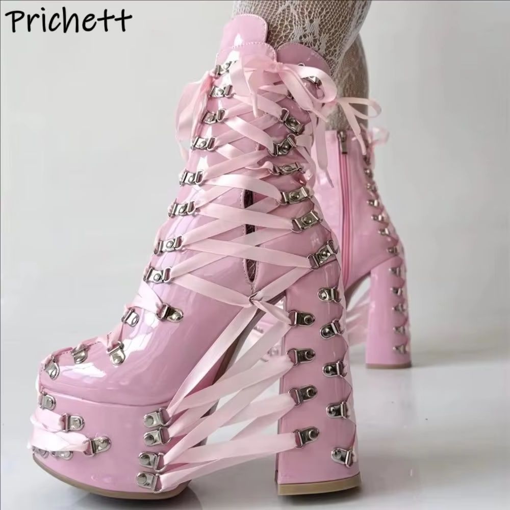 Black Pink Cross Tied Ankle Bo - Ribbon Tie Heel avis et prix