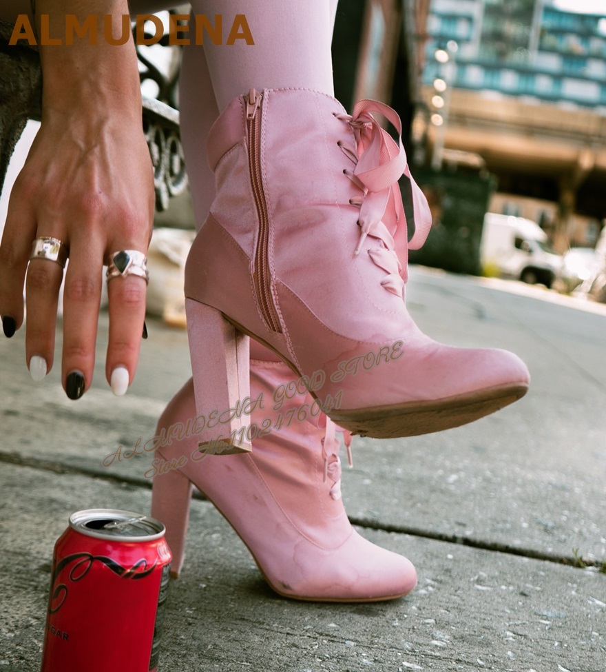 ALMUDENA Pink Satin Chunky Hee - Ribbon Tie Heel avis et prix