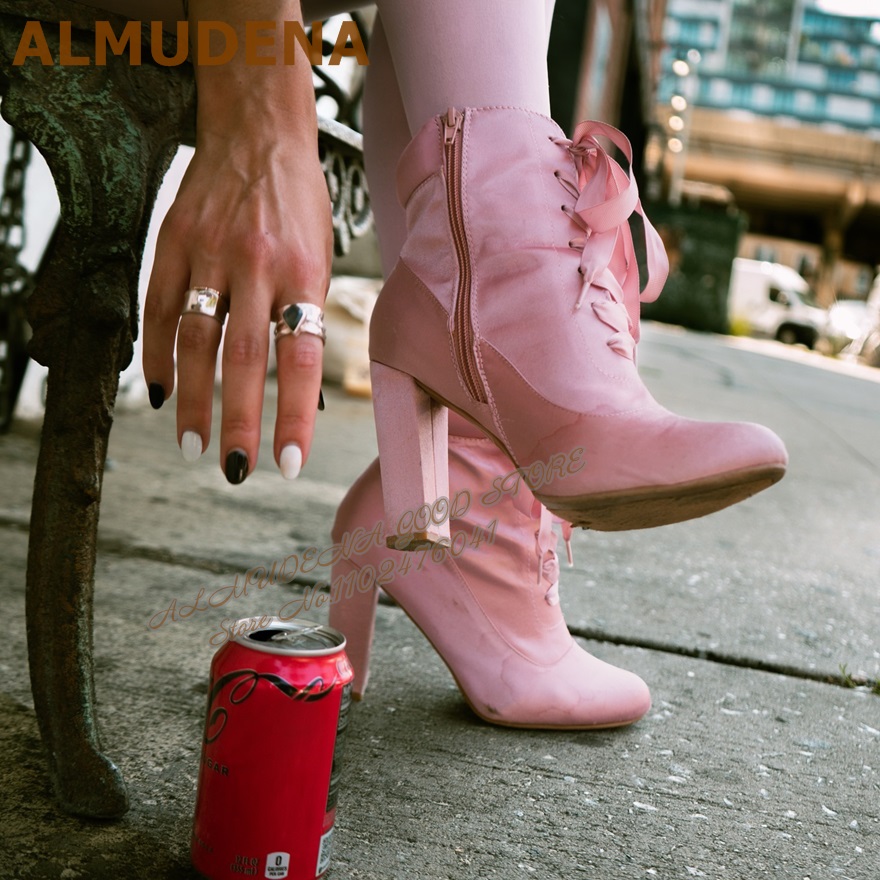 ALMUDENA Pink Satin Chunky Hee - Ribbon Tie Heel avis et prix