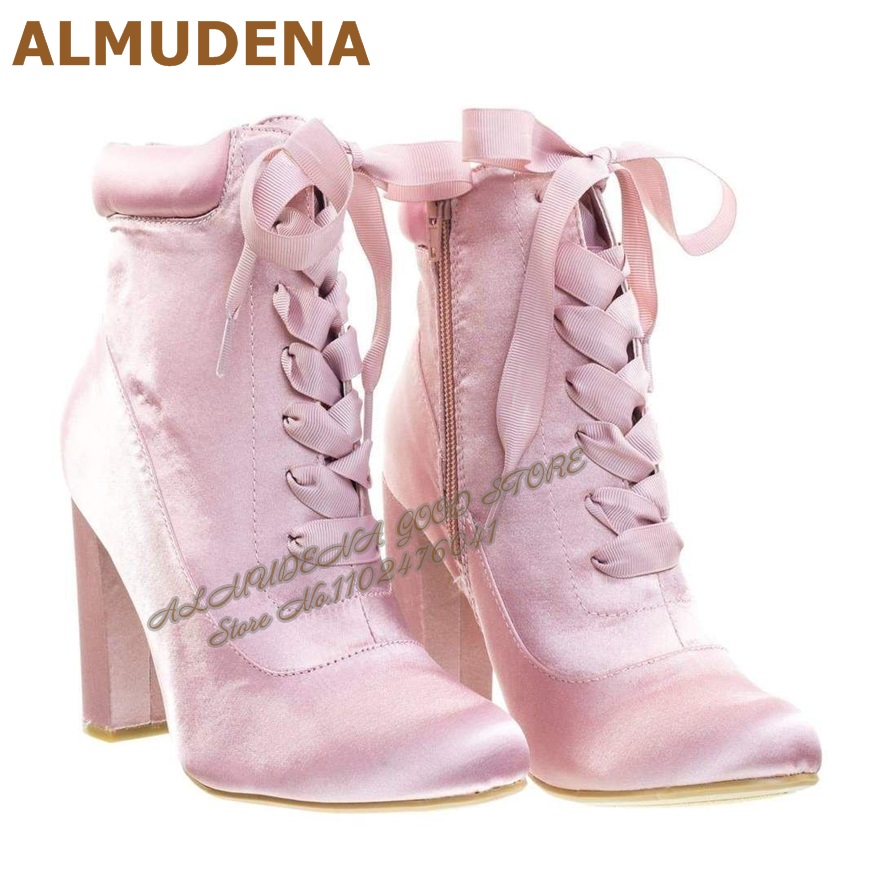ALMUDENA Pink Satin Chunky Hee - Ribbon Tie Heel avis et prix