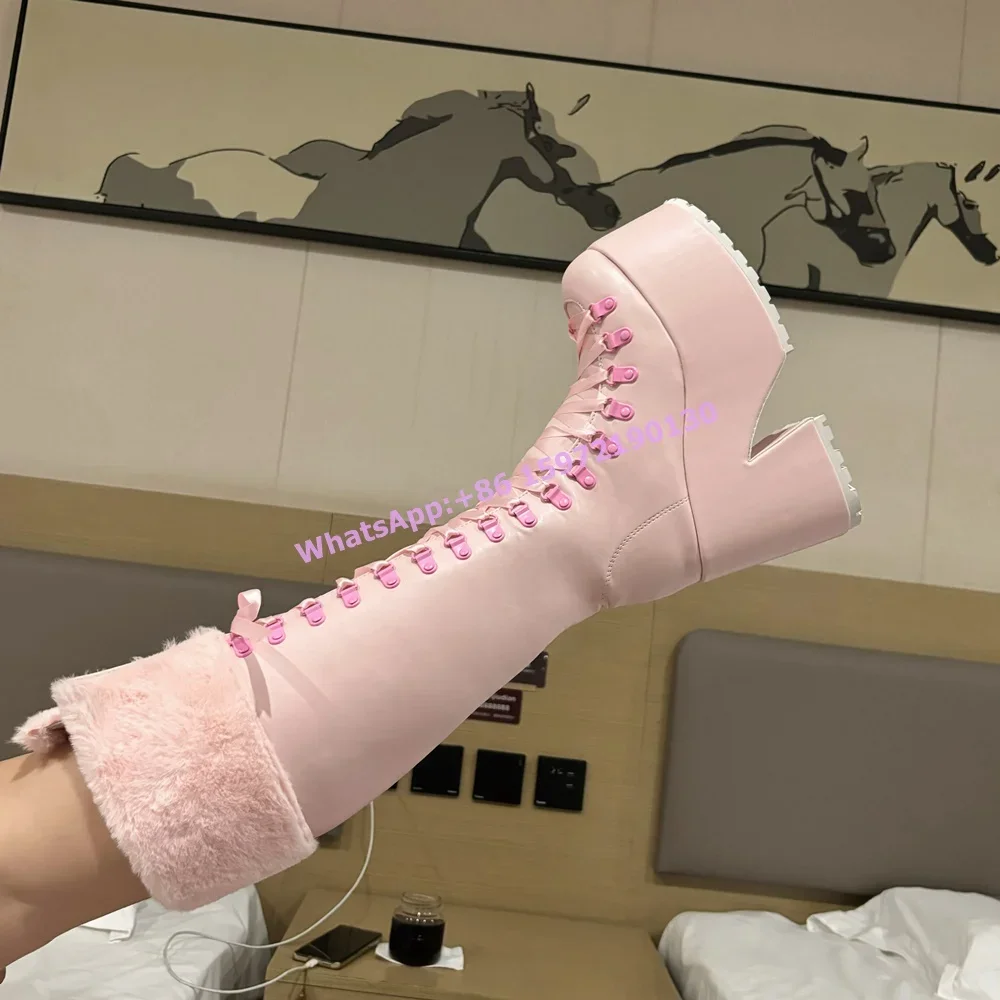 Pink Furry Boots Thick Soled L - Ribbon Tie Heel avis et prix