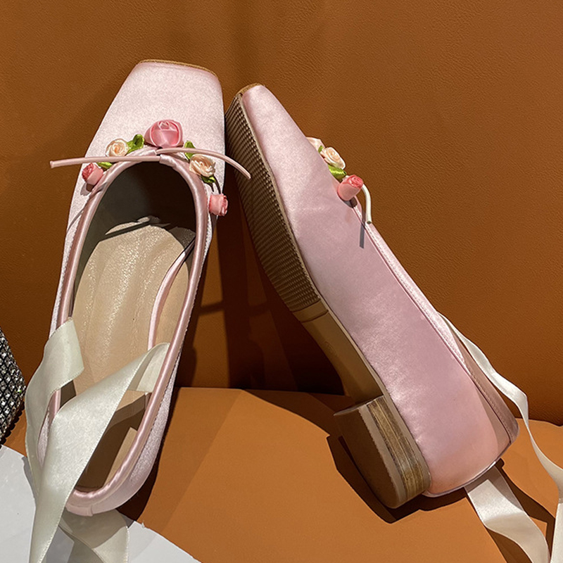 Women Pink Satin Square Toe Lo - Ribbon Tie Heel avis et prix